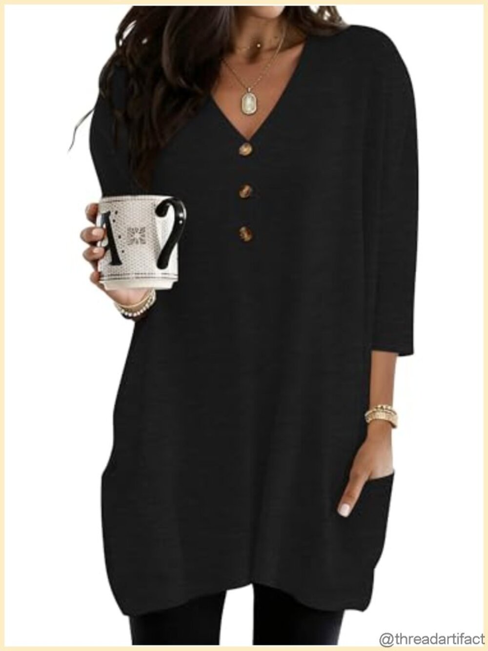 Women's 3/4 Sleeve Button Tunic Top Loose Fit V-Neck with Pockets
